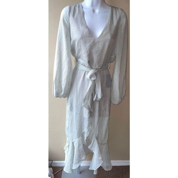 NSR Chiffon Morgan Midi Flutter Dress Long Sleeve Tie Waist in Olive Size Small - Picture 1 of 3
